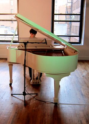 &quot;Chromatic Presence,&quot; a collaborative installation for John Lennon's grand piano. Artists: Margaret Schedel, Joshua Clayton, and Jeanette Yew, from [SILENCE] at NYCAMS, 2012.