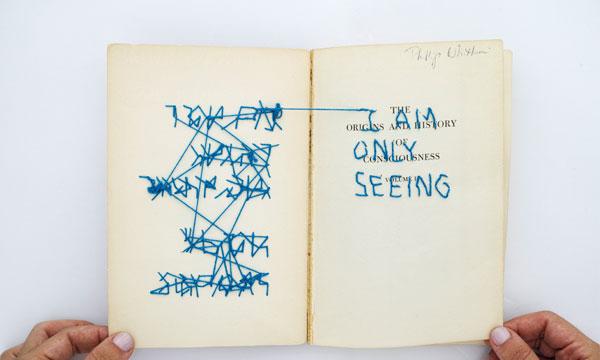 &quot;I'm Not Thinking Right Now,&quot; graphite and thread with needle through book (1960s) on consciousness.